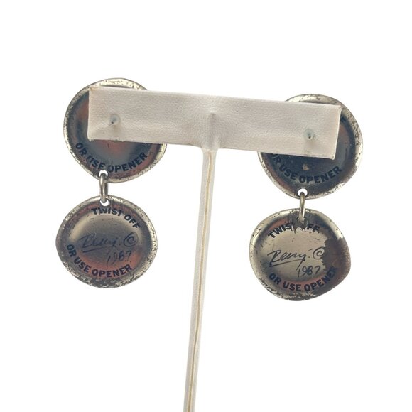 Vintage 1987 Zeny C. Iridescent Bottle Cap Drop Earrings - Picture 4 of 9